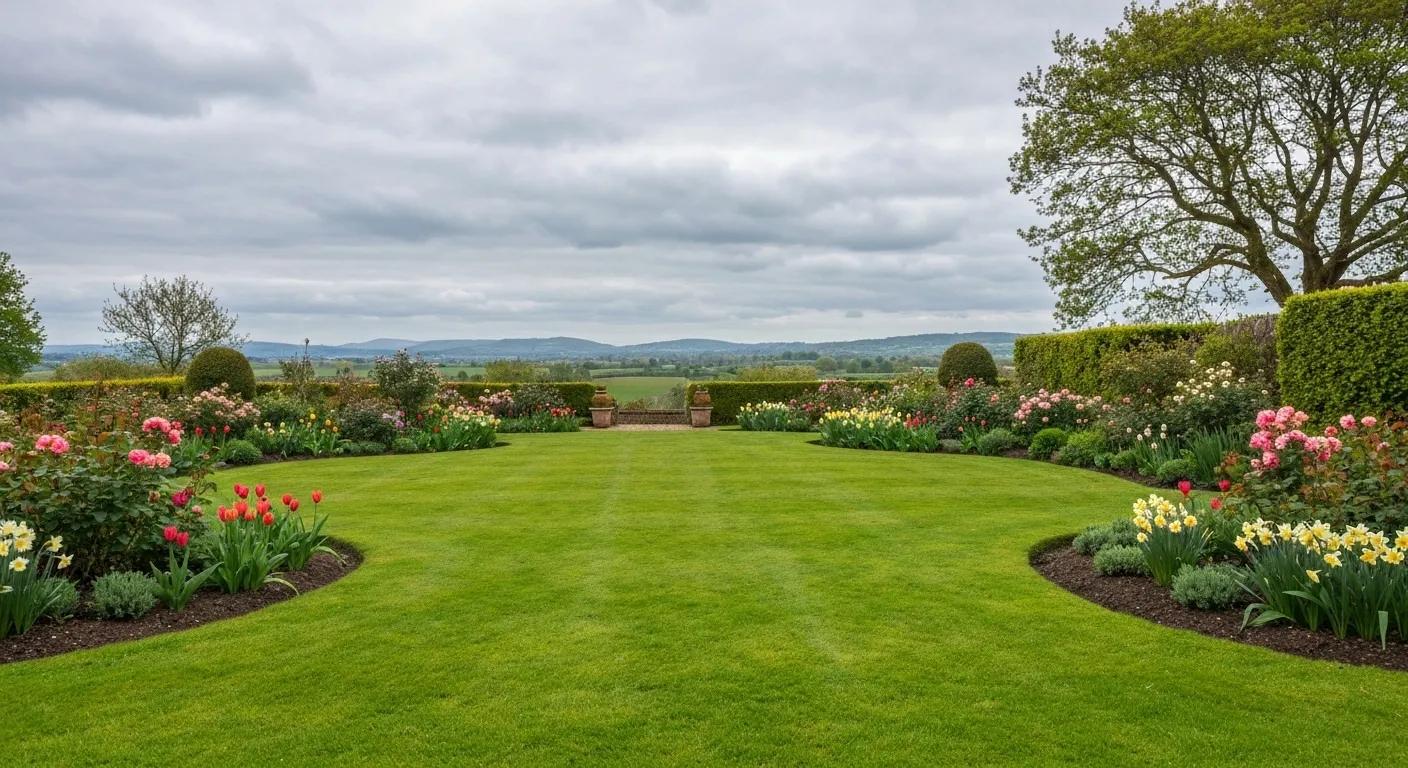Family-owned well maintained lawn with beautiful garden and amazing landscape