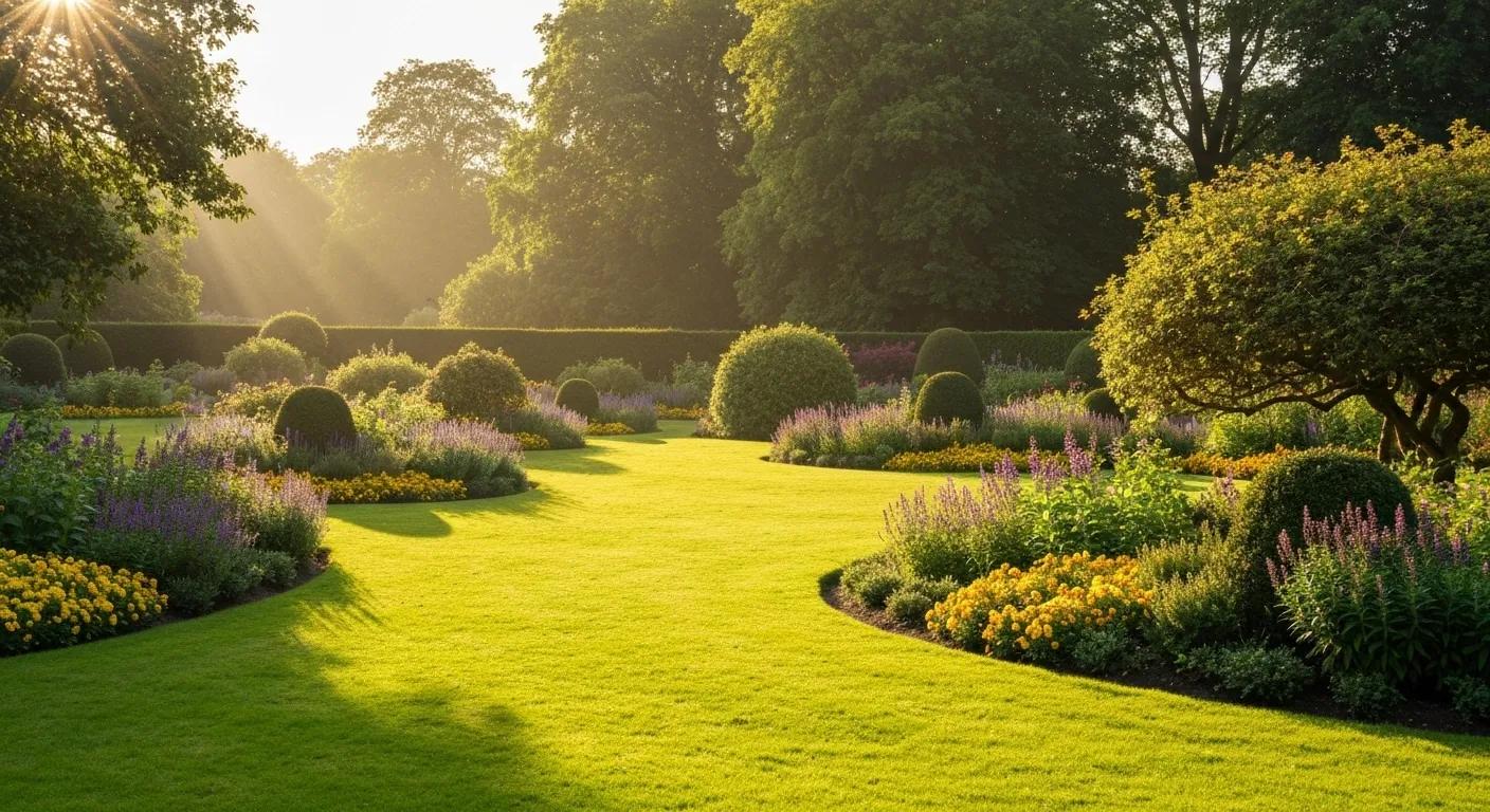 Wide green lawn with lush garden under the sunshine