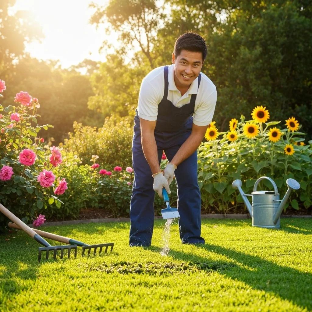 Seasonal lawn care practices with professional applying fertiliser on a lush lawn