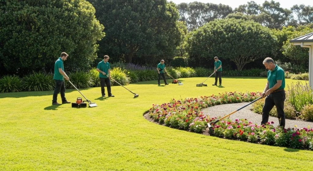 Wide lawn with Lush, landscaped garden maintenance scene on the Sunshine Coast with family-owned team
