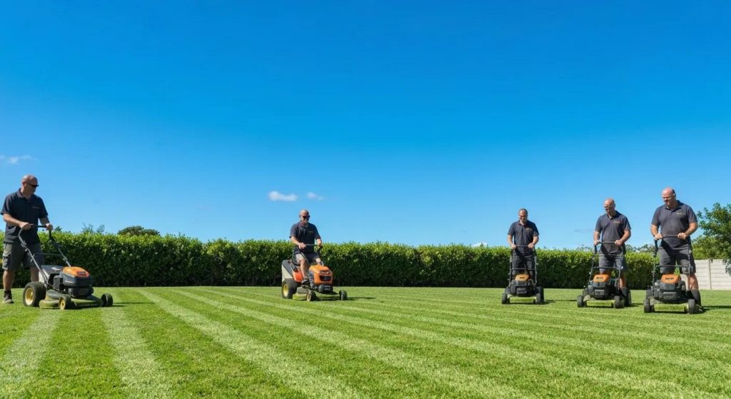 Professional lawn care team mowing a small acreage in Caloundra under a clear blue sky