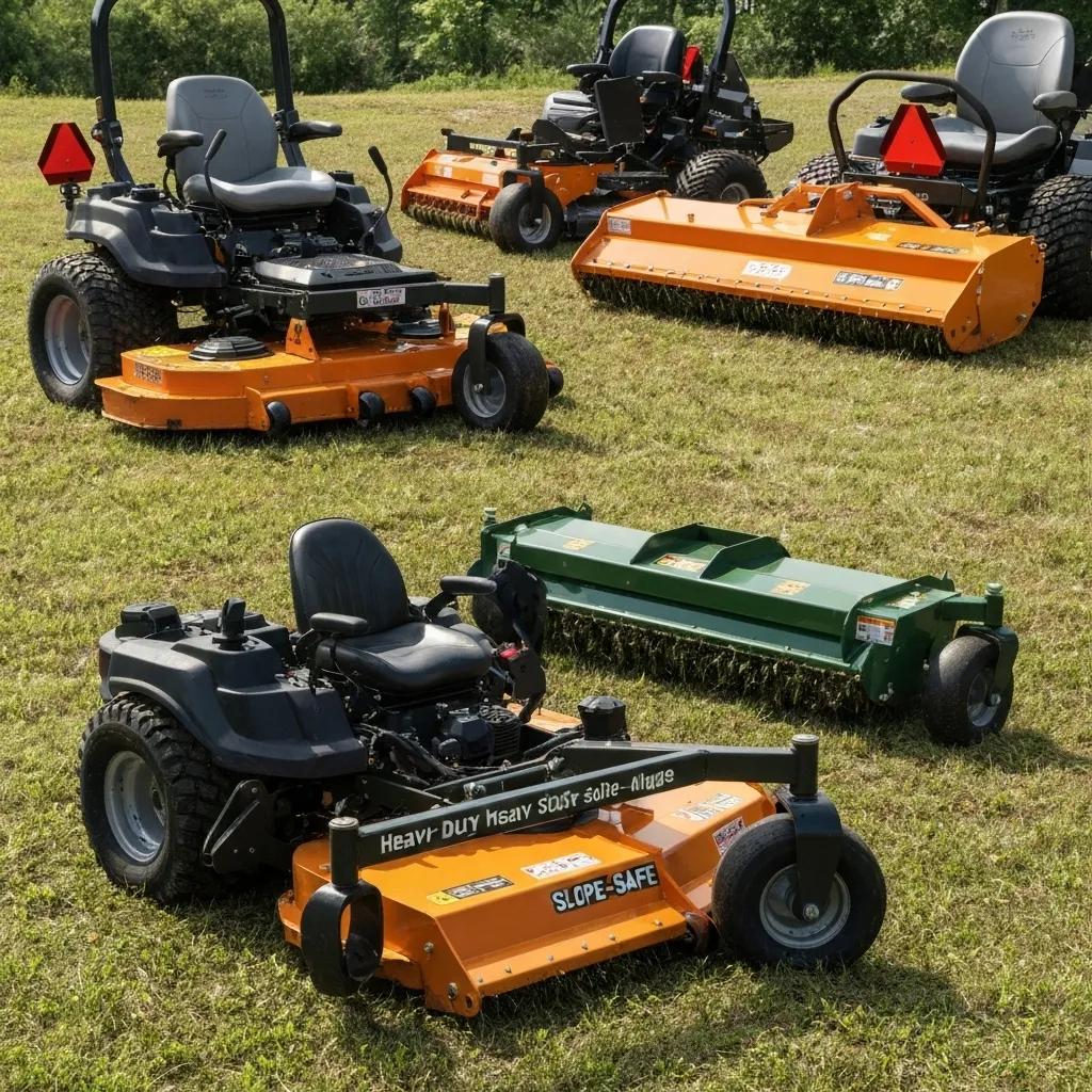 Close-up of mowing equipment including zero-turn mower and heavy-duty slasher for large acreage maintenance