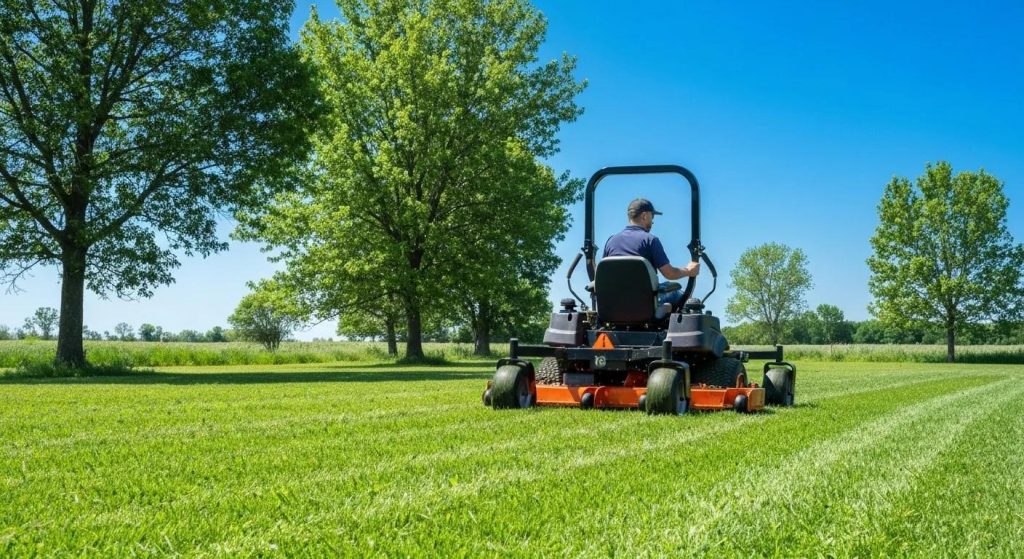 Professional acreage mowing service on a sunny day with a zero-turn mower in a lush green landscape