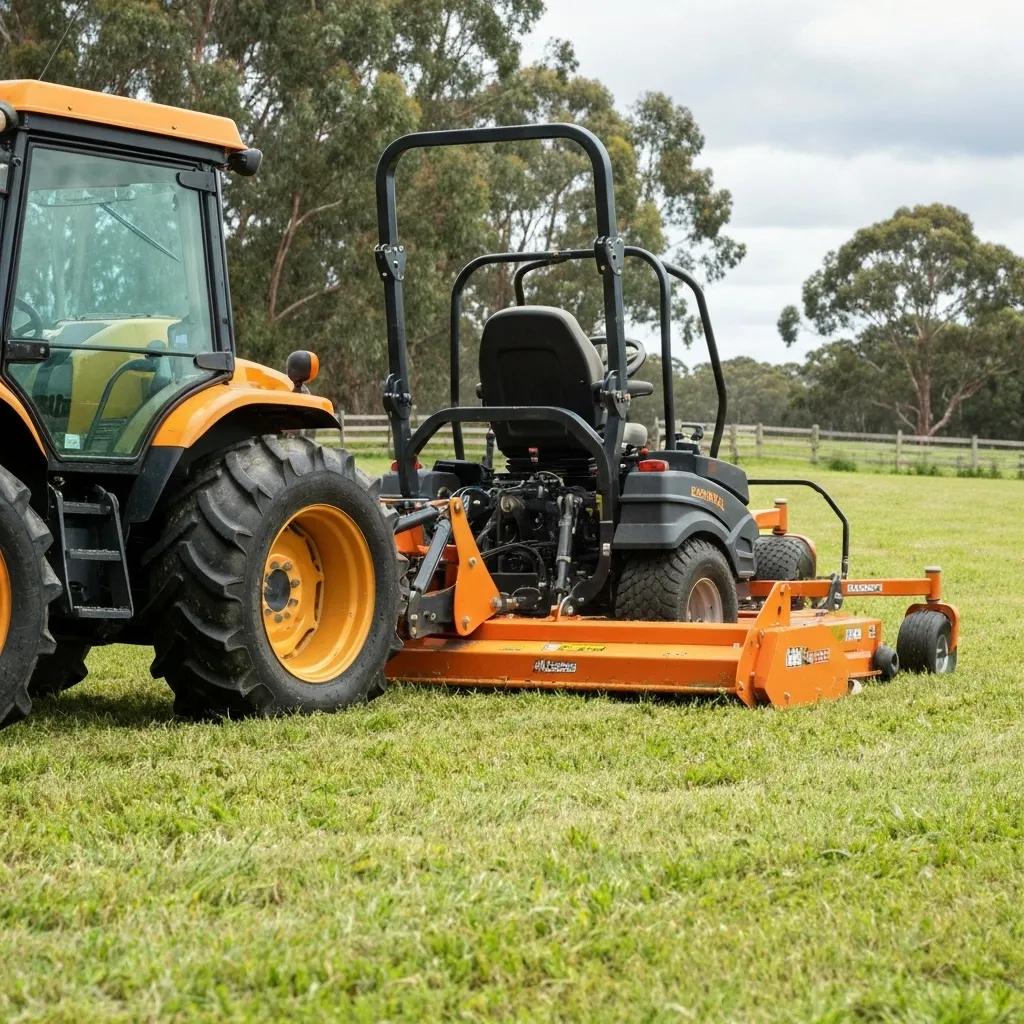 Heavy-duty machinery for effective acreage mowing including a tractor-mounted slasher and zero-turn mower