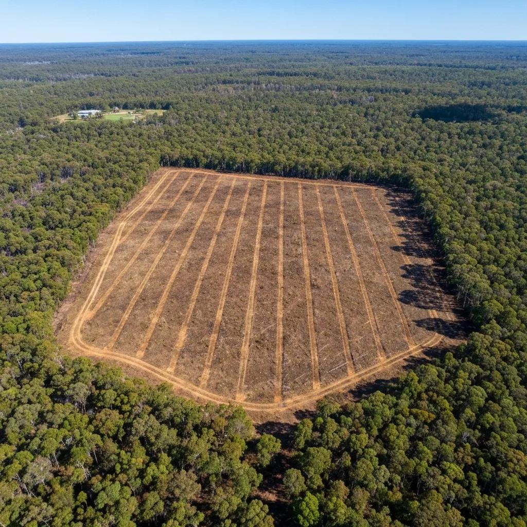 Aerial view of a firebreak surrounding a property, illustrating bushfire prevention measures