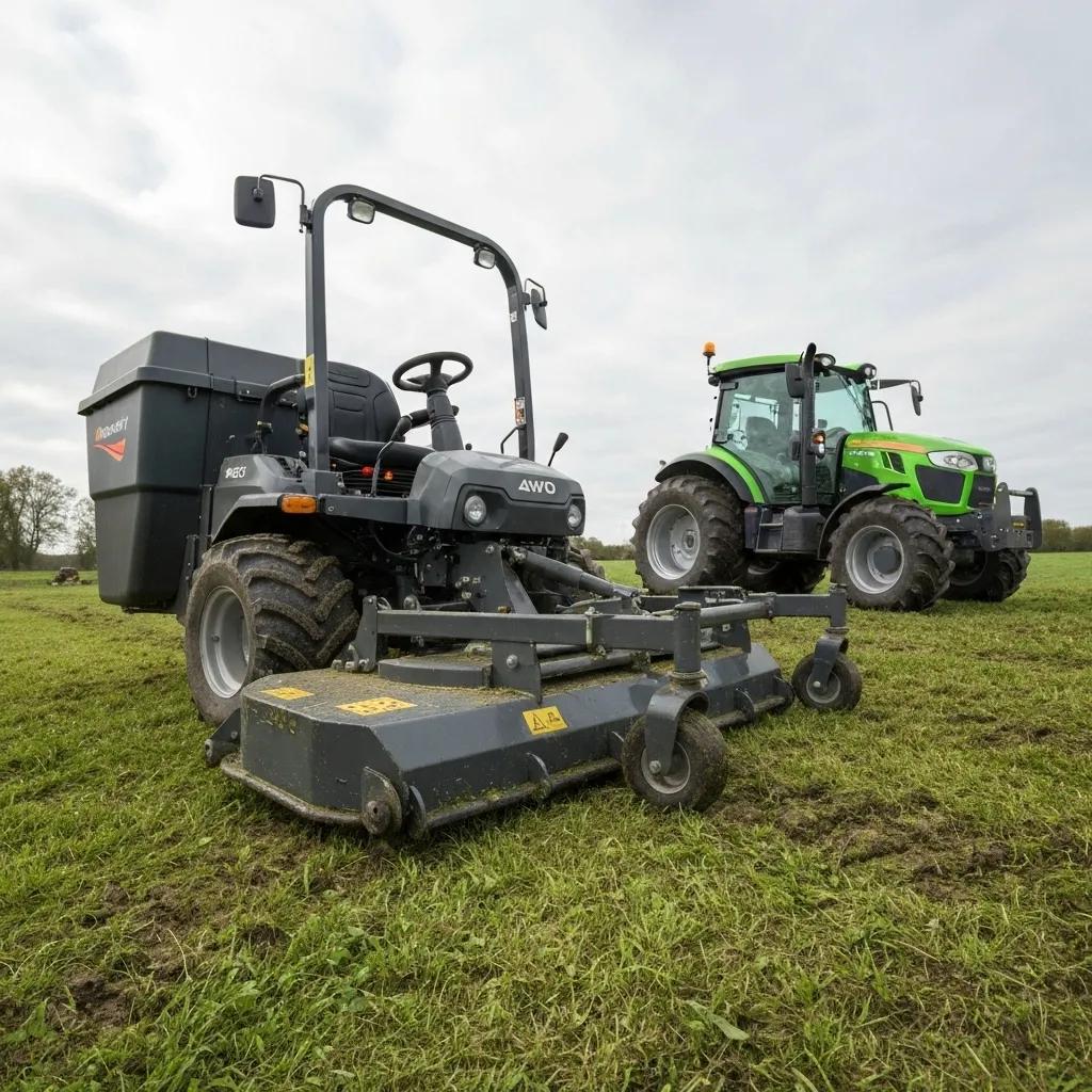 High-performance mowing equipment including a ride-on mower and 4WD tractor, demonstrating professional land management capabilities