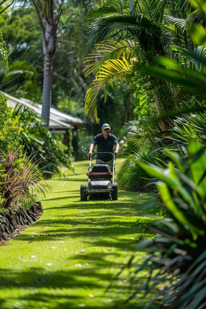 Our professional team mowing a lush Sunshine Coast lawn