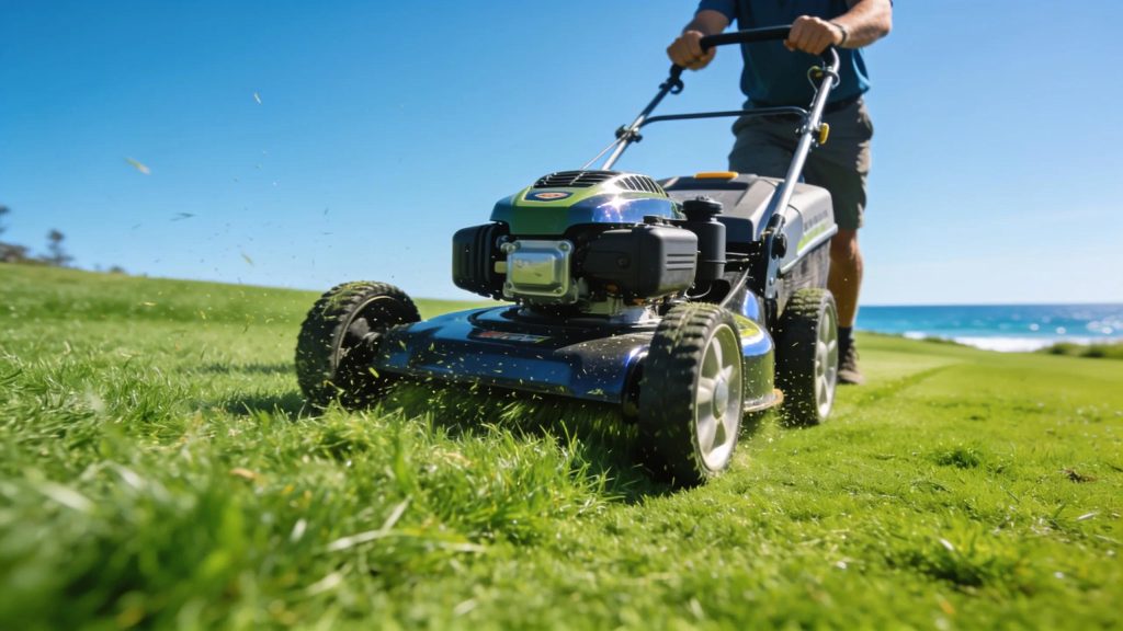 Lush acreage on Sunshine Coast with professional mower using advanced landscaping equipment