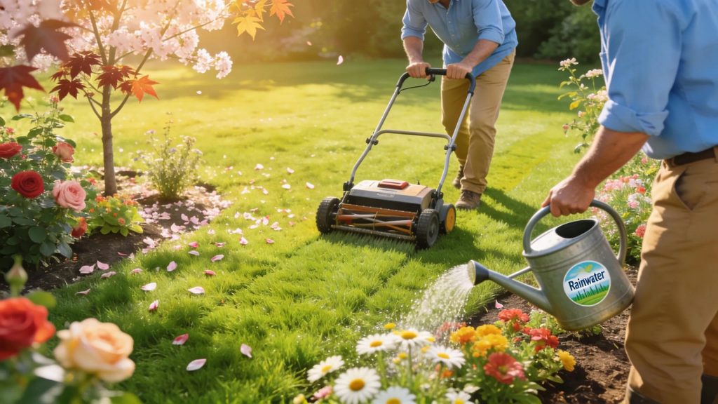 Eco-friendly lawn maintenance scene with a lush green lawn, a mower, and a gardener